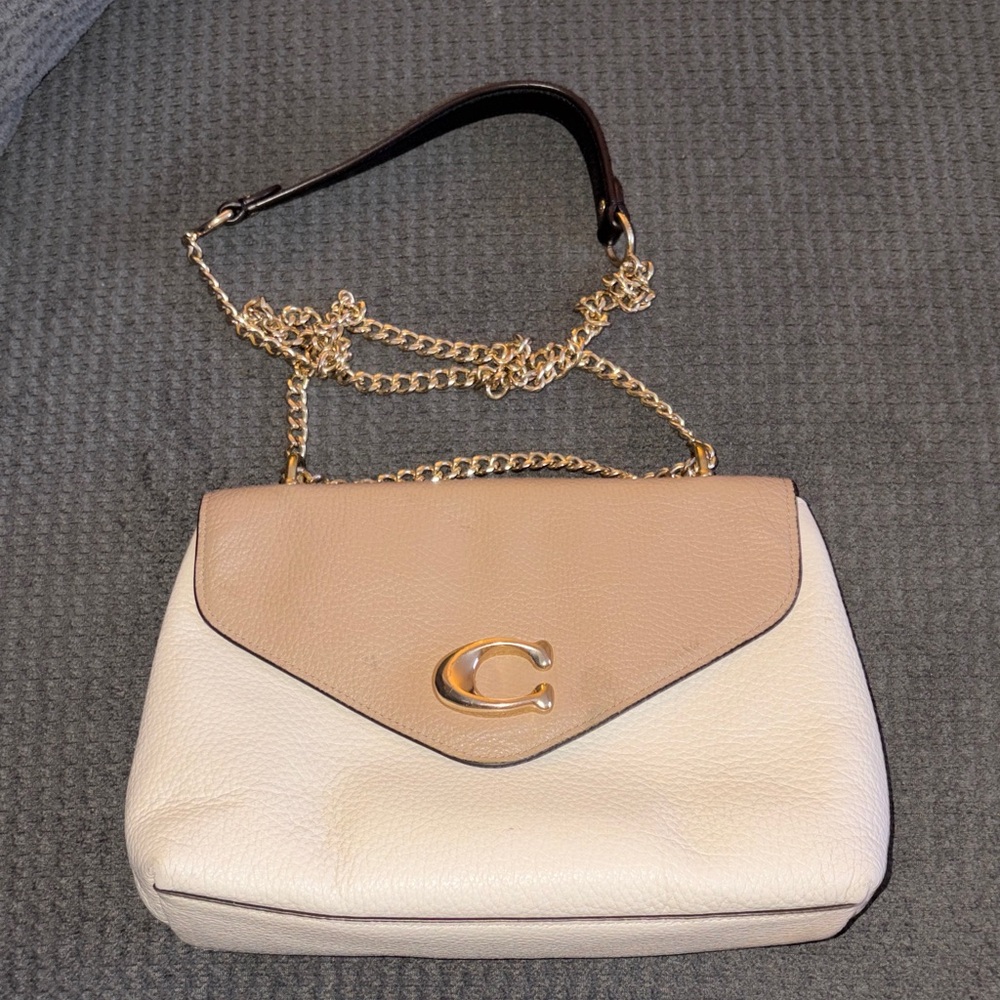Coach Cream and Tan Shoulder Bag with Gold Chain